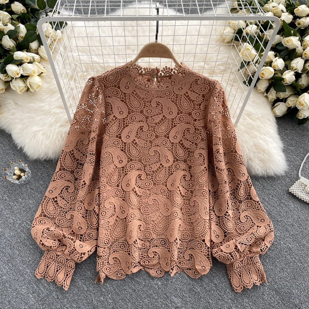 

Женская ажурная кружевная блузка, элегантная Свободная рубашка коричневого/розового/белого цвета с длинными рукавами-фонариками и круглым...