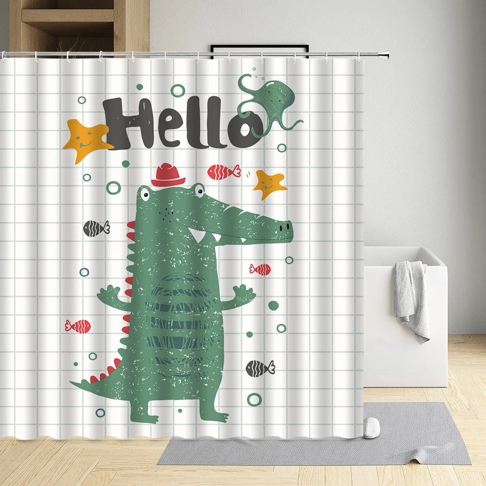 

Lovely Cartoon Shower Curtain Bathe Dinosaur Starfish Fish Octopus Pterodactyl Stegosaurus Triceratops Phone Bathroom Decor