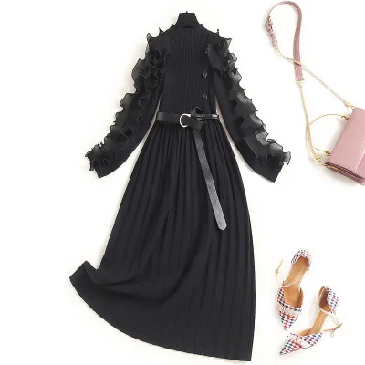 

High fashion ladies Black Color long Knitted Dress Elegant korean design Long Sweater