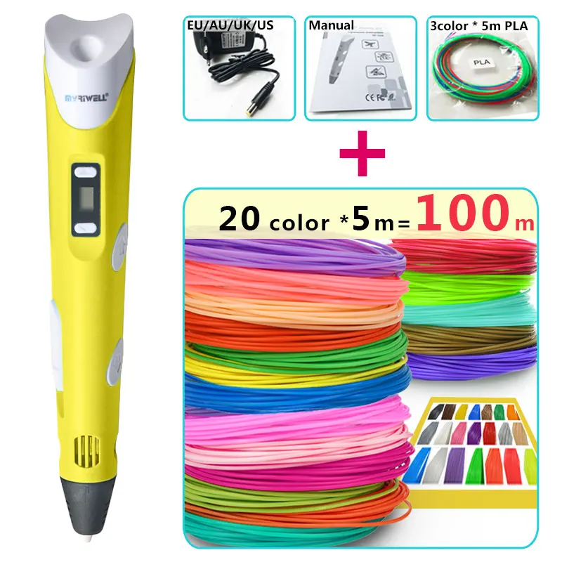 and 20 color 5m silk Myriwell 3d ручки, светодиодный дисплей, ABS/PLA нити, 3 d ручка, Смарт 3d ручка с принтом, лучший подарок для детей - Цвет: and 20 color 5m silk