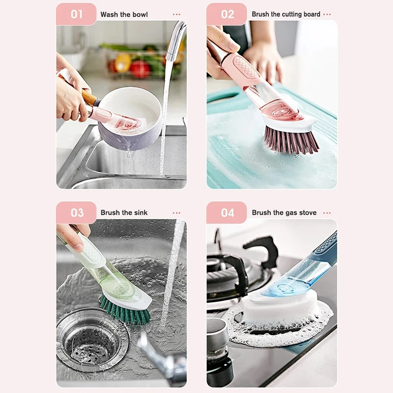 

Kitchen Cleaning Brush 2 in 1 Long Handle Cleaing Brush with Removable Brush Sponge Dispenser Dishwashing Brush