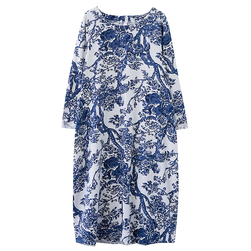 

2020 Autumn New Ethnic Style Vintage Cotton and Linen Printed Long-Sleeved Dress Loose Slim Looking Base Robe Skirt