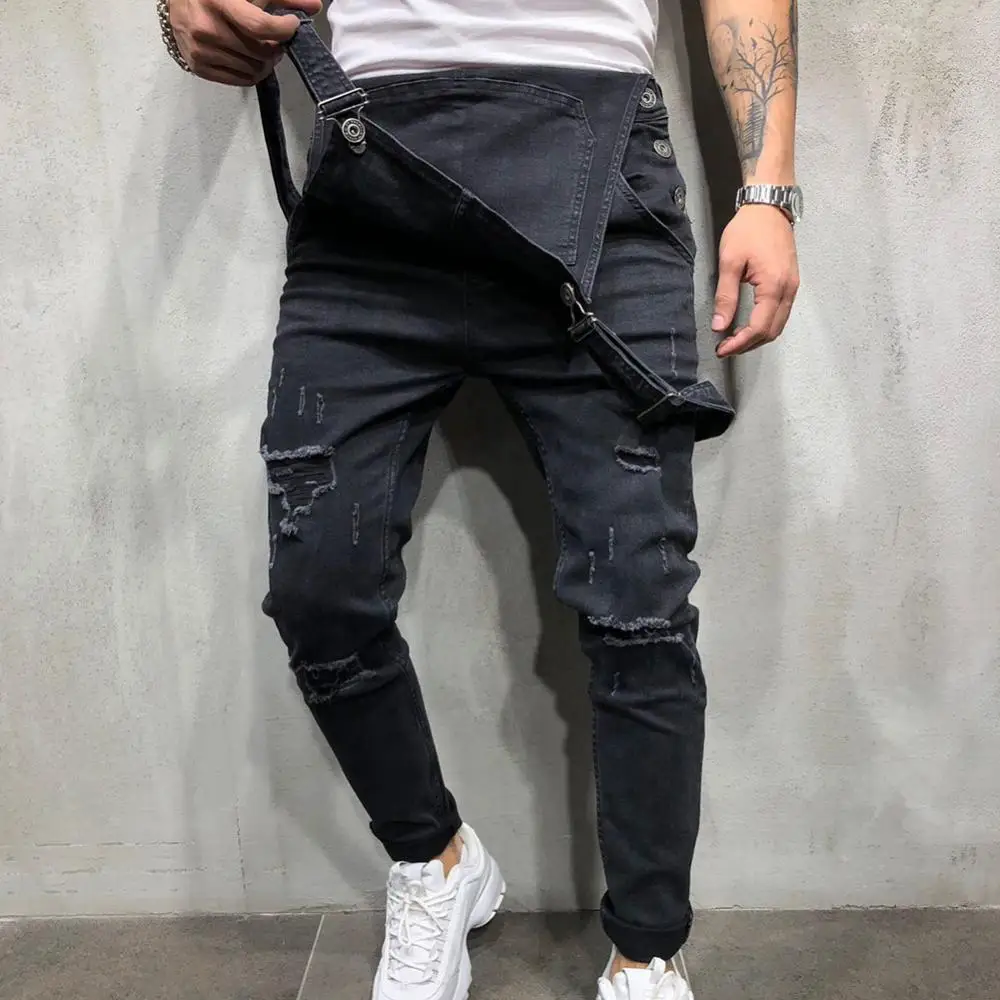 Wholesale Retro Summer Men Ripped Denim Overalls Destroyed Hole Long Pants Jeans Jumpsuit