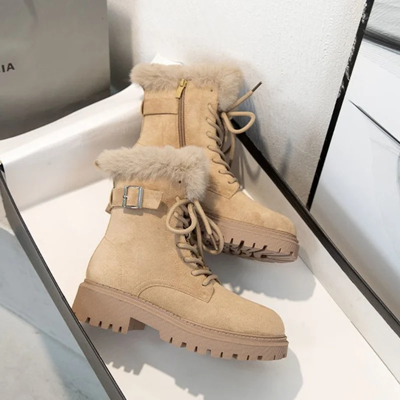 

Women Snow Boots Female Block Heels Paltform Nubuck Leather Shoes 2022 New Winter Warm Plush Lace Up Buckle Casual Short Boot