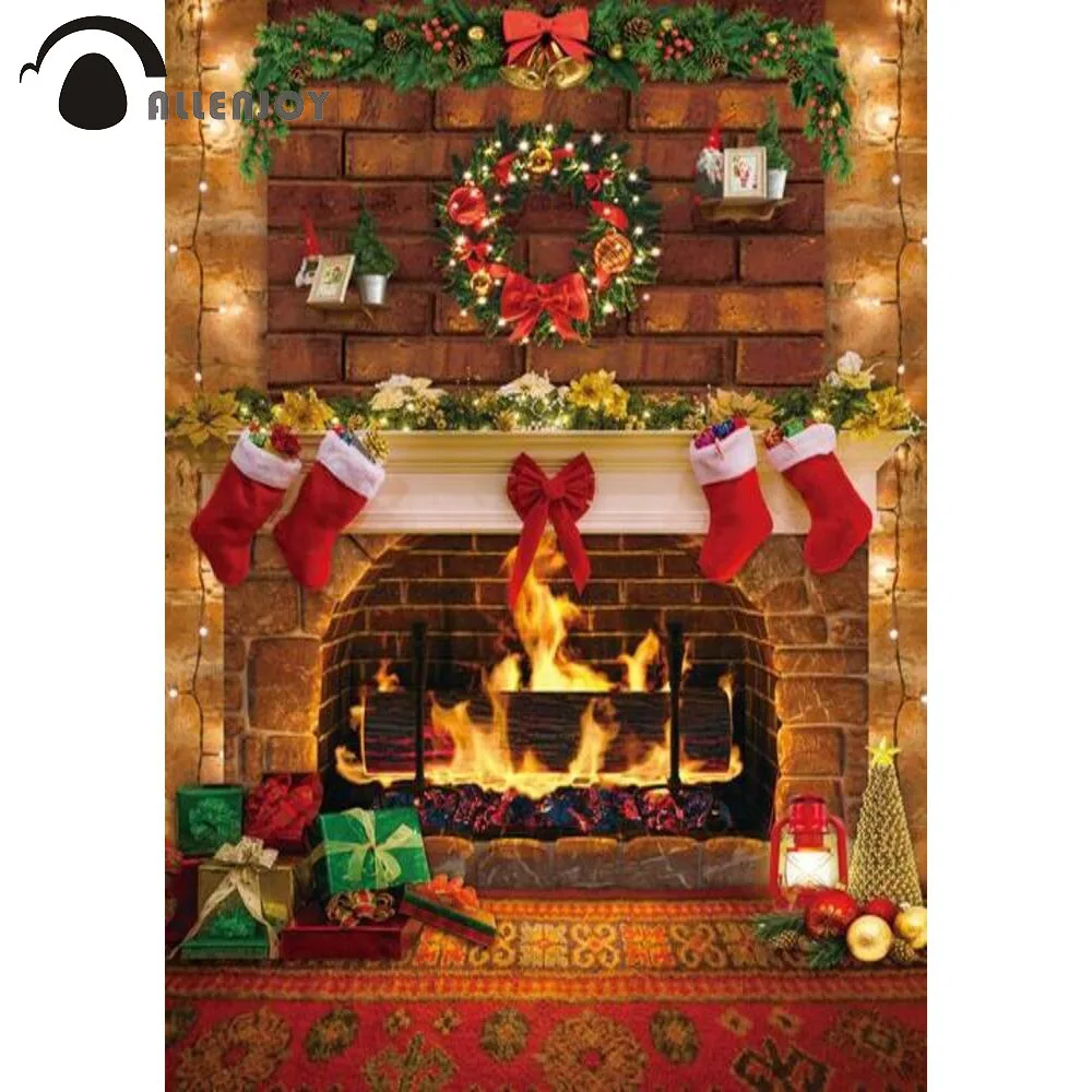 

Allenjoy Christmas Interior Party Wreath Fireplace Brick Wall Winter Backdrop Socks Knot Light Dots Gifts Carpet Background