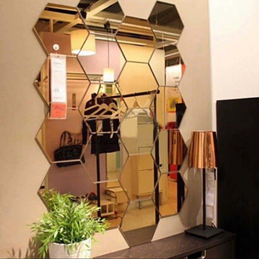 12Pcs Hexagonal Self Adhesive Mirror Effect Wall Sticker Living Room Decal Decor Stickers S | Дом и сад