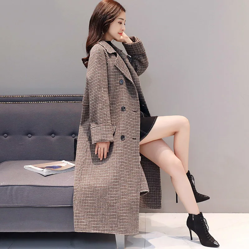 Клетчатое пальто женские длинные шерстяные зимние куртки Женская Туника 2020