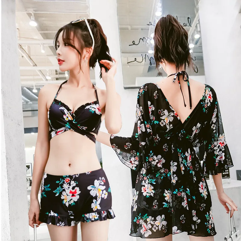 

Three Pieces Swimsuit Female 2021 Floral Girls Conservative Tankini Swimsuits Women Quick Dry Spa Bathing Suit Sunscreen Biquini