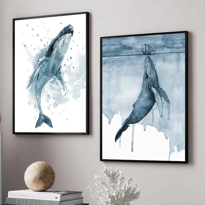 Настенный постер с акварелью Китом животными абстрактный синий океан пейзаж