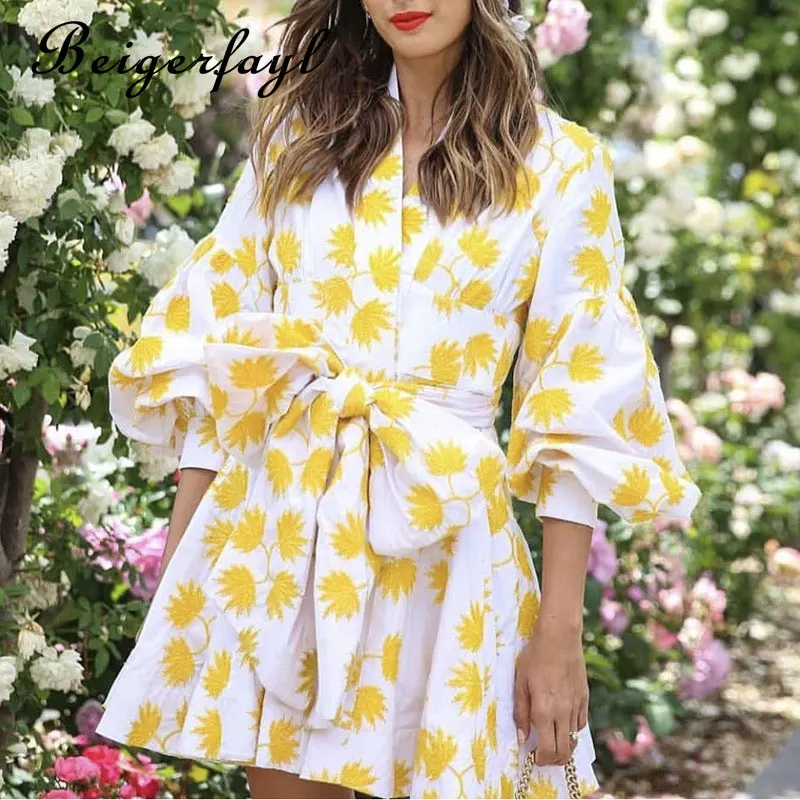 Beigerfayl Summer Vintage Yellow Maple Leaf Print Embroidery Women Dress V Neck Lantern Sleeve High Waist A-line TDR19784 | Женская