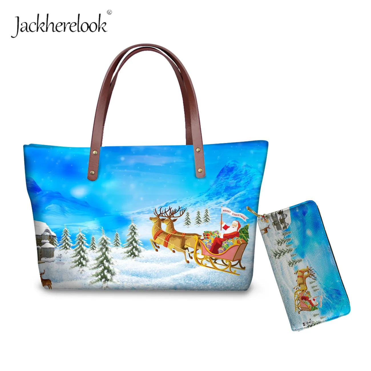 Jackherelook крутая Рождественская сумка с принтом лосят и кошелек 2 шт. кожаный тоут