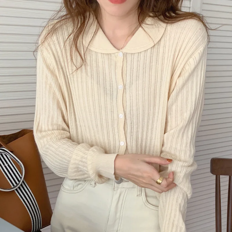 

Korean Breasted Women Shirt Chic Autumn Gentle And Small Lapel Single Thin Pit Strip Soft Skin Friendly Long Sleeve Knitted
