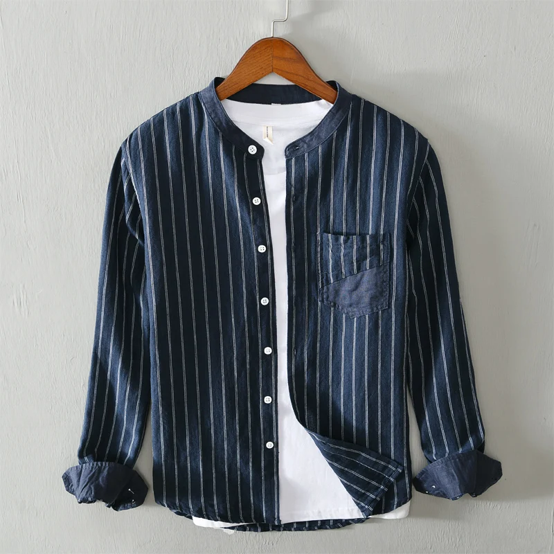 

Long-sleeved brand linen and cotton casual shirt men stand collar comfortable shirts for men stripe shirt mens overhemd camisa