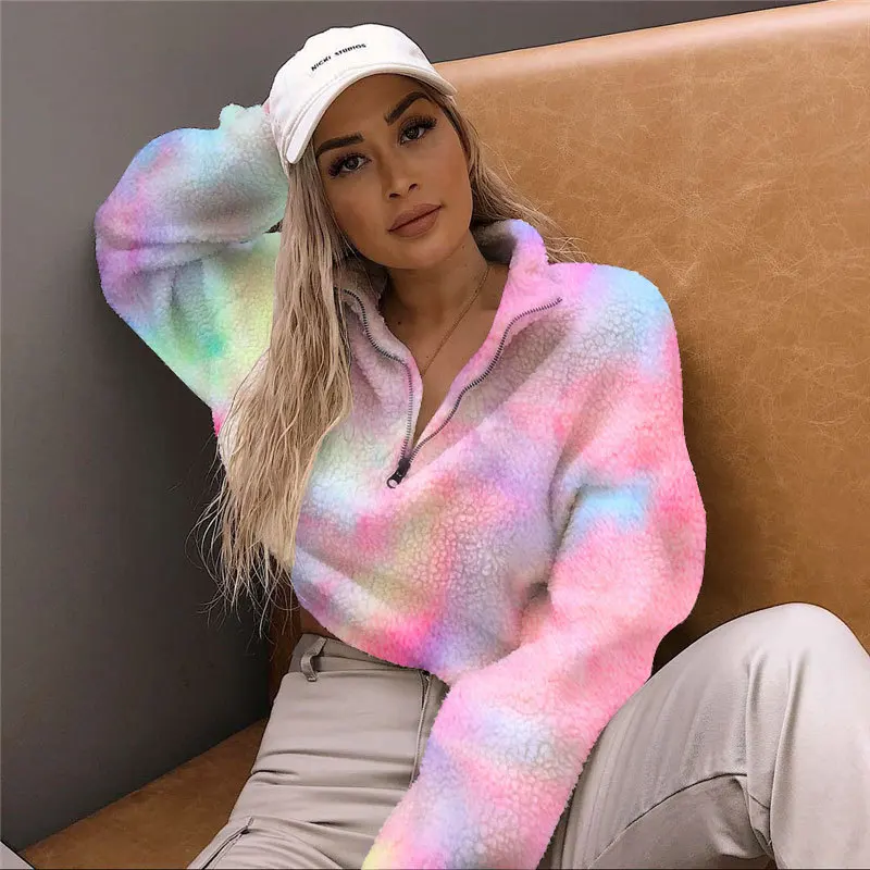 

Winter Clothes Women Plush Rainbow Color Furry Lapel Cardigan Jacket Autumn Fleece Halloween Clothes Women Pullover Tie dye set