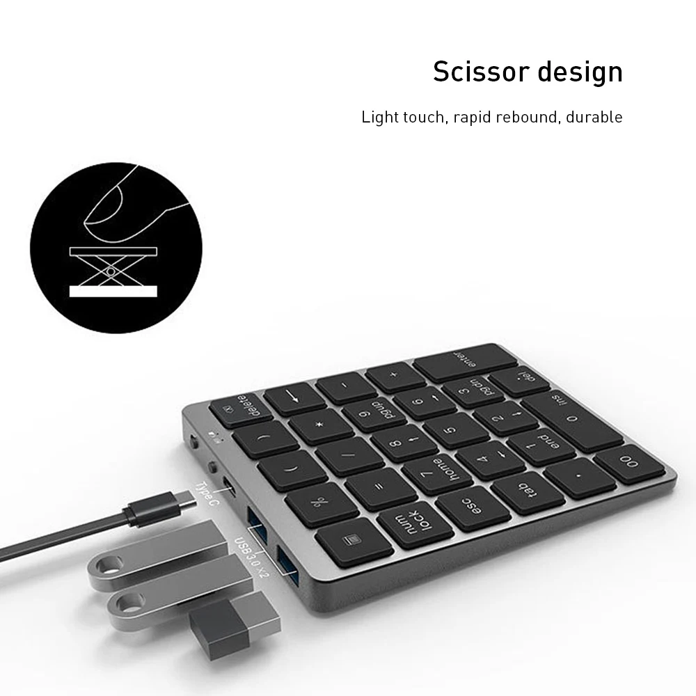 

Wireless Bluetooth Numeric Keypad Dual Modes N970 28 Keys with USB HUB Mini Number Keyboard for Notebook Desktop