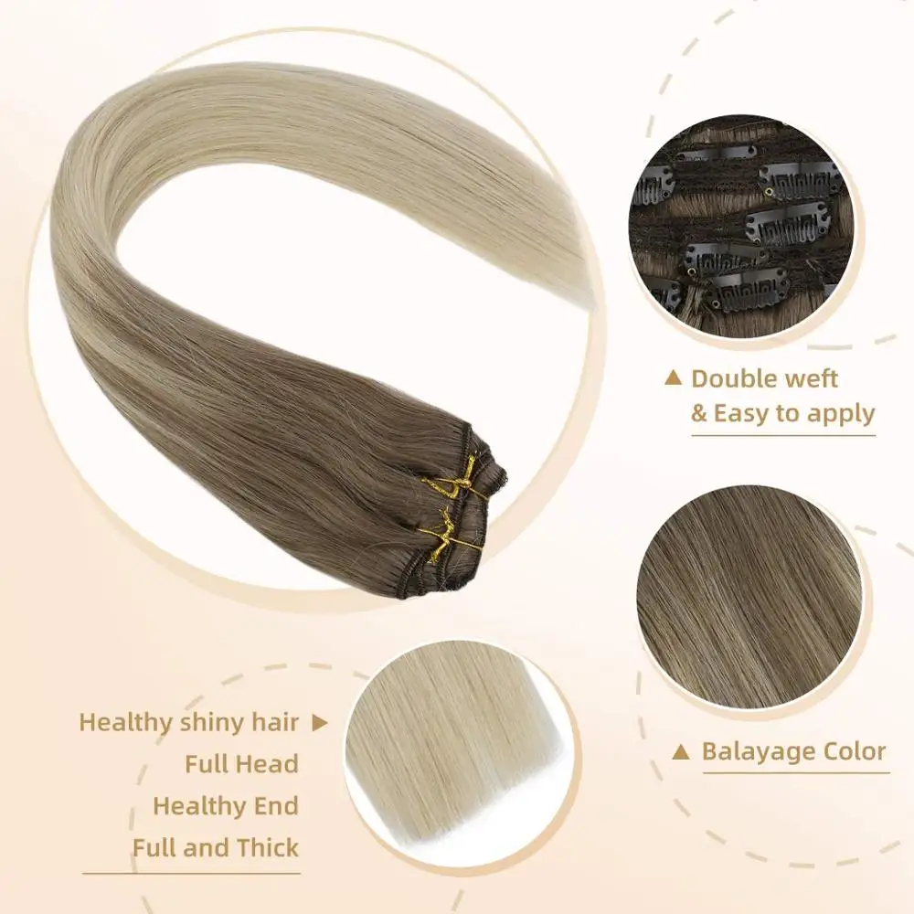 VeSunny Clip in Hair Extensions 100% Real Human 7pcs on Balayage Ombre Dark Brown mix Blonde #14/60 120gr | Шиньоны и парики