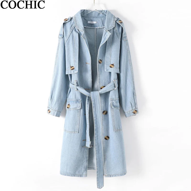 Женский Длинный джинсовый Тренч однотонная однобортная джинсовая куртка с
