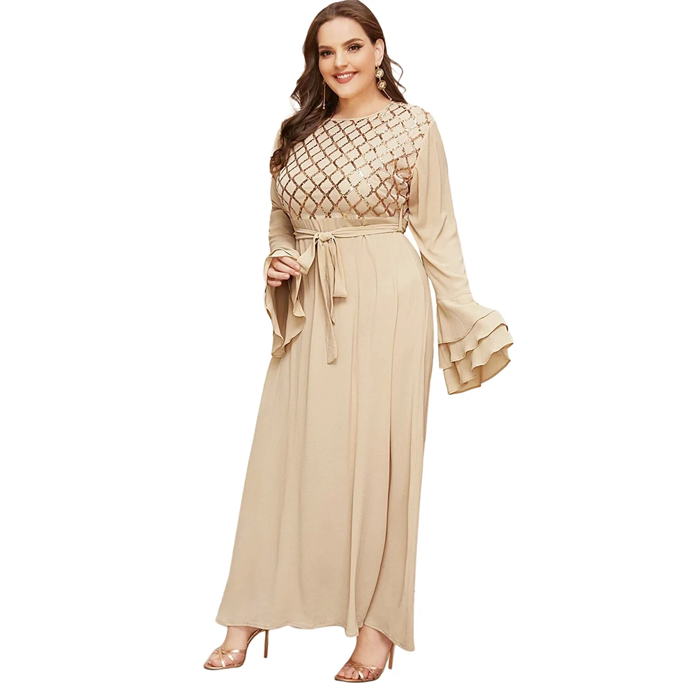 

Plus Size Muslim Party Dresses for Women Autumn 2020 Chic Sequin Embroidered Maxi Dress Bubble Chiffon Arabic Clothing 5XL 4XL