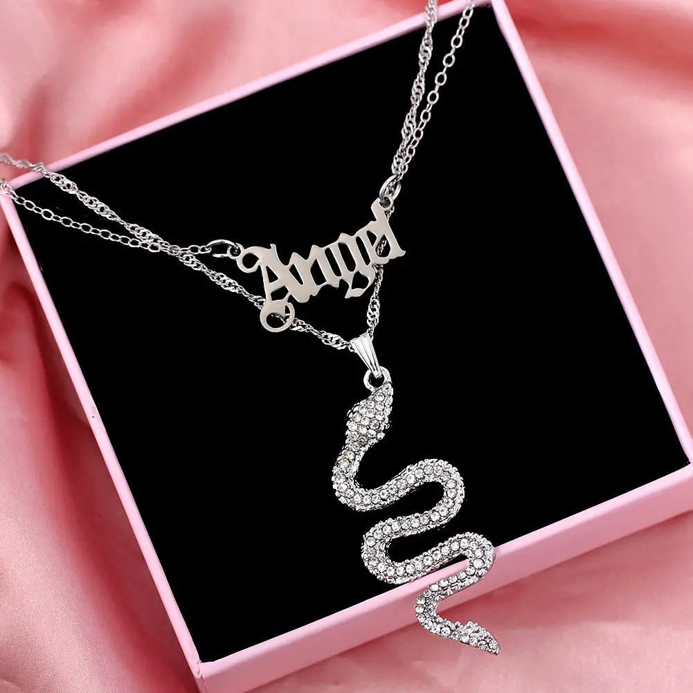 

Flatfoosie Punk Silver Color Crystal Snake Pendant Necklace for Women Multilayer Angel Letter Choker Necklace Hip-hop Jewelry