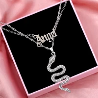 flatfoosie punk silver color crystal snake pendant necklace for women multilayer angel letter choker necklace hip hop jewelry