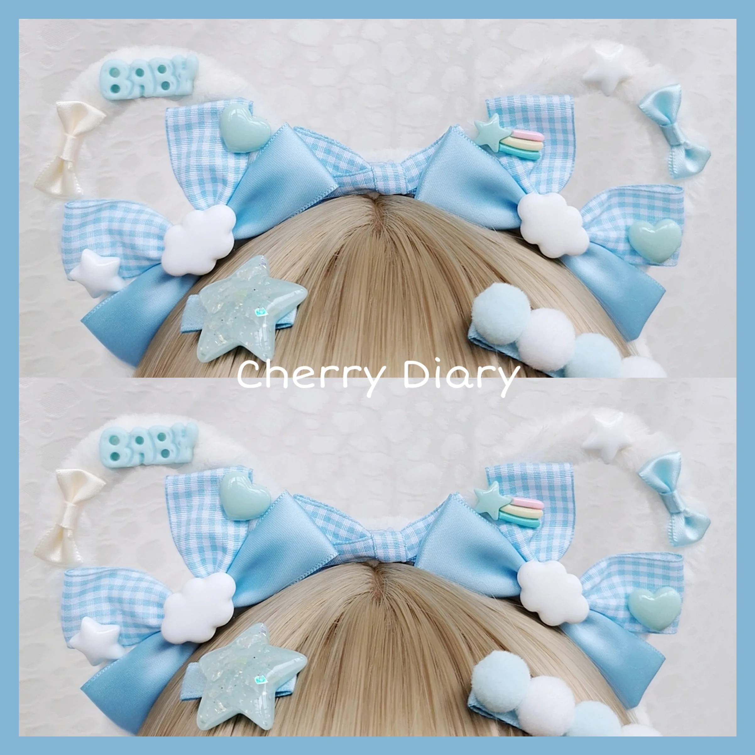

Handmade Cute Soft Girl Blue Plush Bow Bear Ear Hair Band KC Japanese Style Sweet Lovely Lolita Headband Lo Niang Headdress