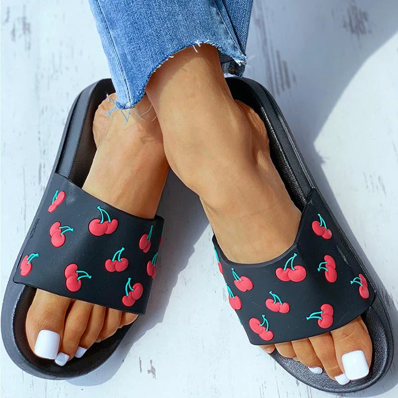 

Women's Slippers Soft Slides Ladies Cherry PU Home Bathroom Non Slip Casual Girl Beach Vocation Fashion Summer Shoes Female 2021