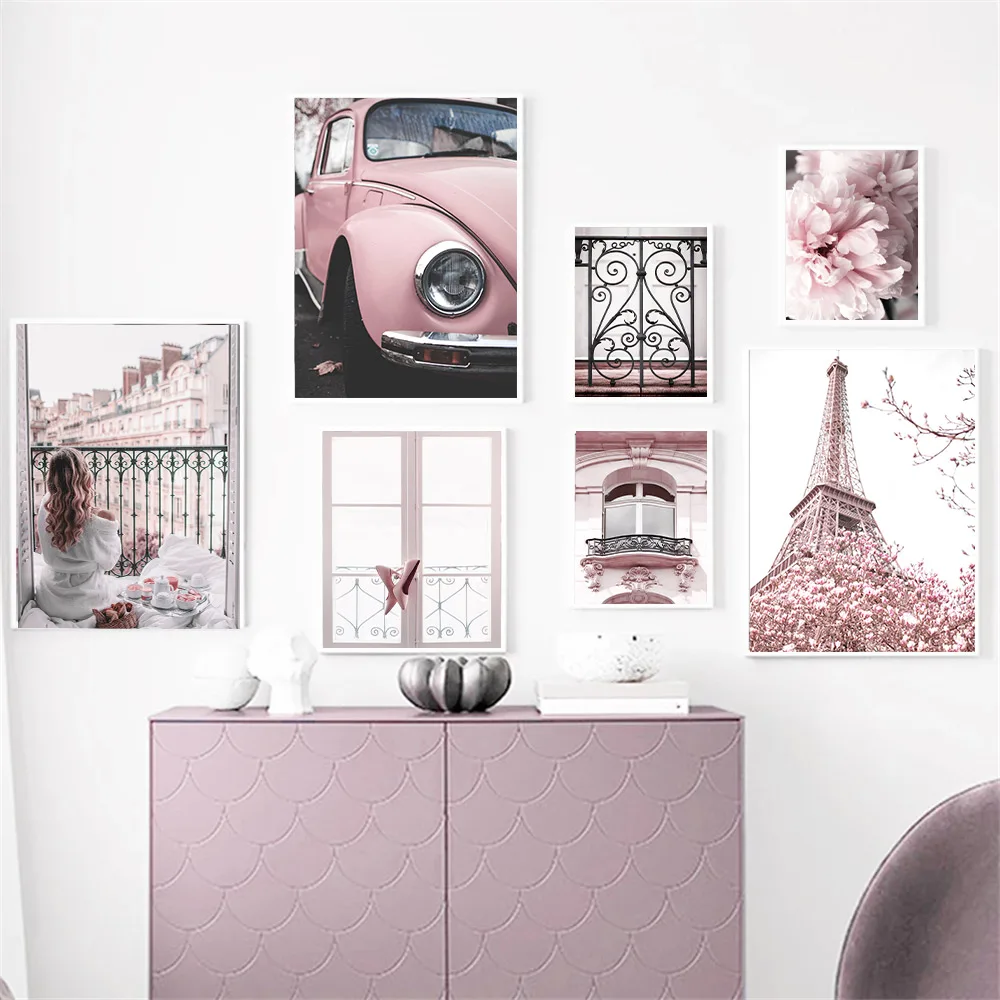 

Pink Peony Paris Tower Wall Art Canvas Painting Rome Women Window Car Posters And Prints Modern Wall Pictures Living Room Decor