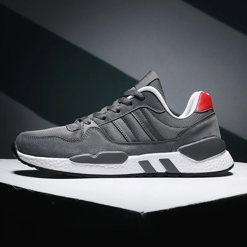 Новые мужские кроссовки 2019 дышащие кожаные + сетчатые уличные спортивные серые