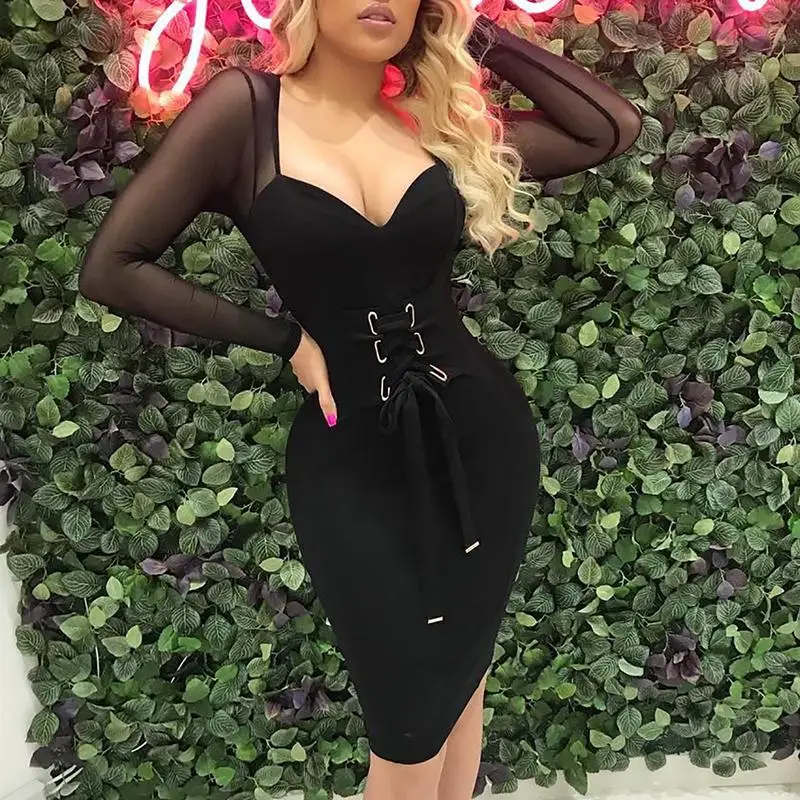 Облегающее платье с сетчатым рукавом и шнуровкой на талии женское прозрачное