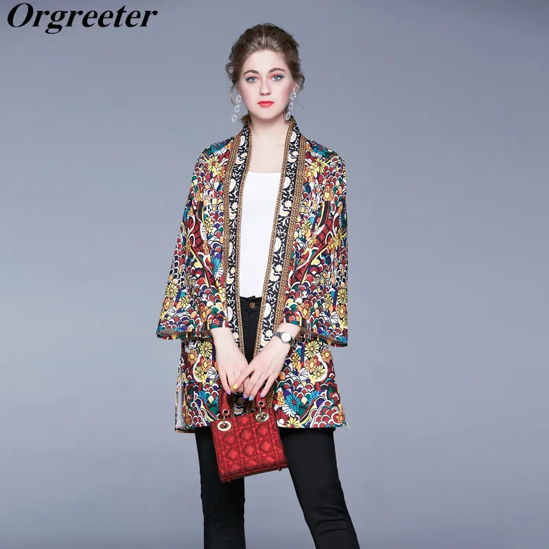 Весенне осеннее Новое винтажное пальто с принтом и рукавами фонариками Пляжная