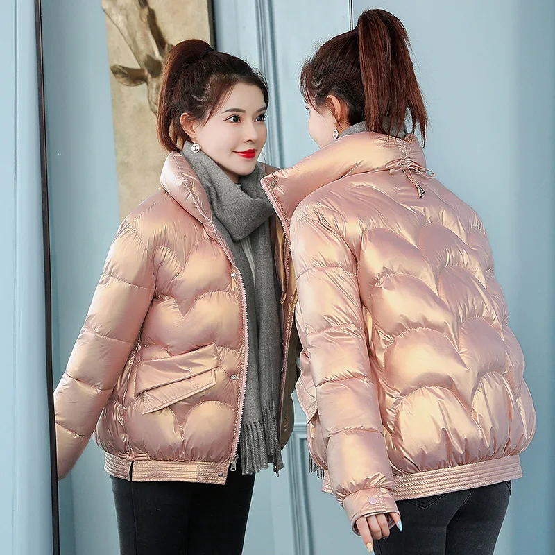 

2021 New Women Winter Thick Stand Collar Warm Short Jacket Casual Parkas Womens Elegant Glossy Down Cotton Padded Jackets Female