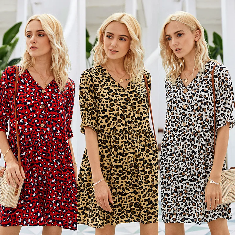 Женское платье с леопардовым принтом свободное рукавом бабочкой V образным
