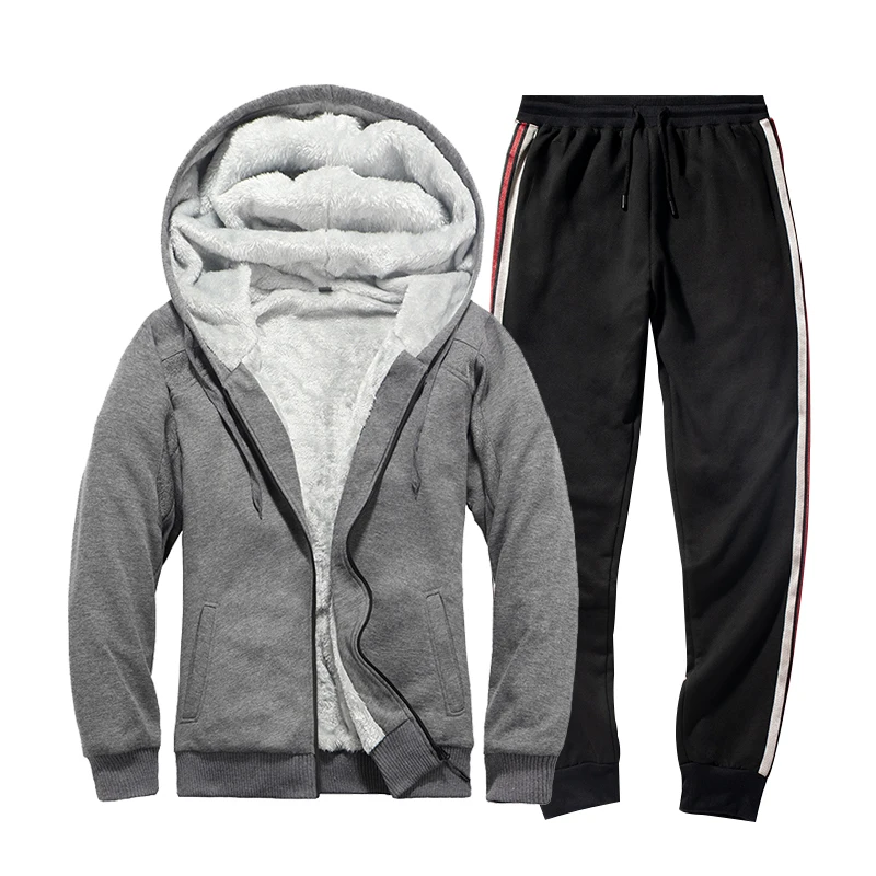 W19GreyLK46Black Мужской спортивный костюм, зимняя флисовая куртка с капюшоном+ штаны, Толстовка для мужчин s, комплект из 2 предметов, толстовки, спортивный костюм, мужской комплект пальто, спортивная одежда - Цвет: W19GreyLK46Black
