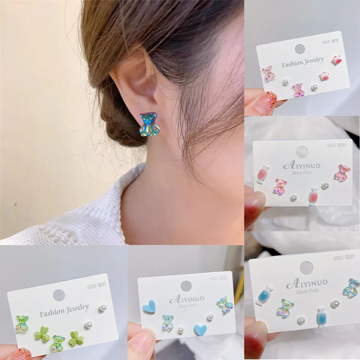 

3 Pairs New candy olored bear Ear nails Women 925 Silver Needle Cute Teddy Bear Colorful Ceramic Earrings Exquisite Jewelry gift
