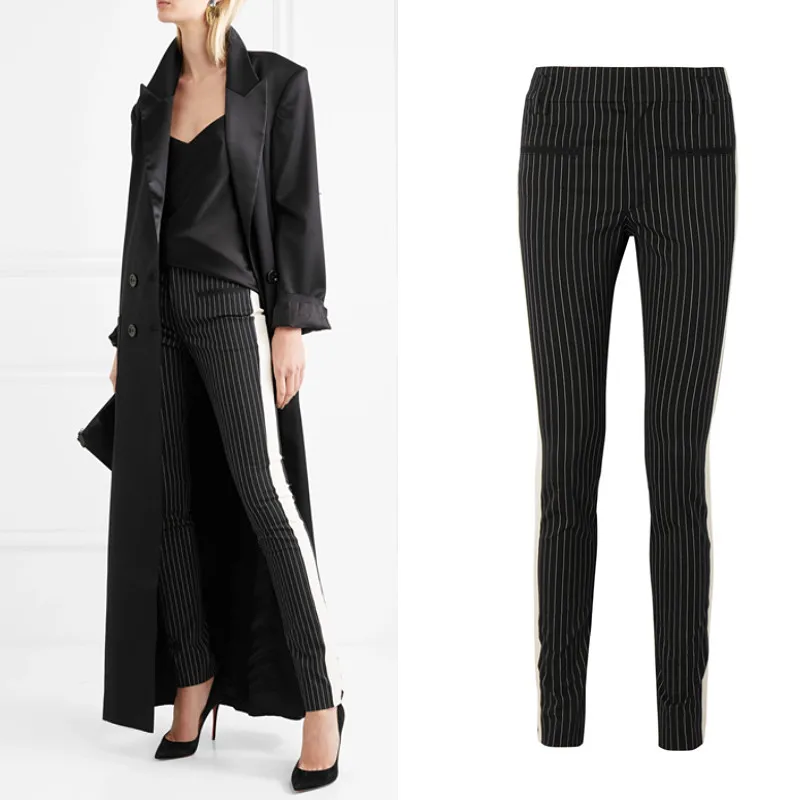 Can fit 190cm super long England style pencil pants female high waist pleated design was thin long striped pants F1508 dropship