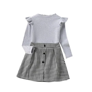 Kids Baby Girls Clothing Two Piece Cotton Autumn Suit Fashion Solid Color Long Sleeve Sweater Tops and Button Plaid Short Skirts
