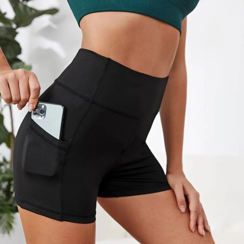 

NORMOV Fitness Women Shorts Solid High Waist Push Up With Pocket Spandex Shorts Casual Workout Qucik Dry Shorts Female