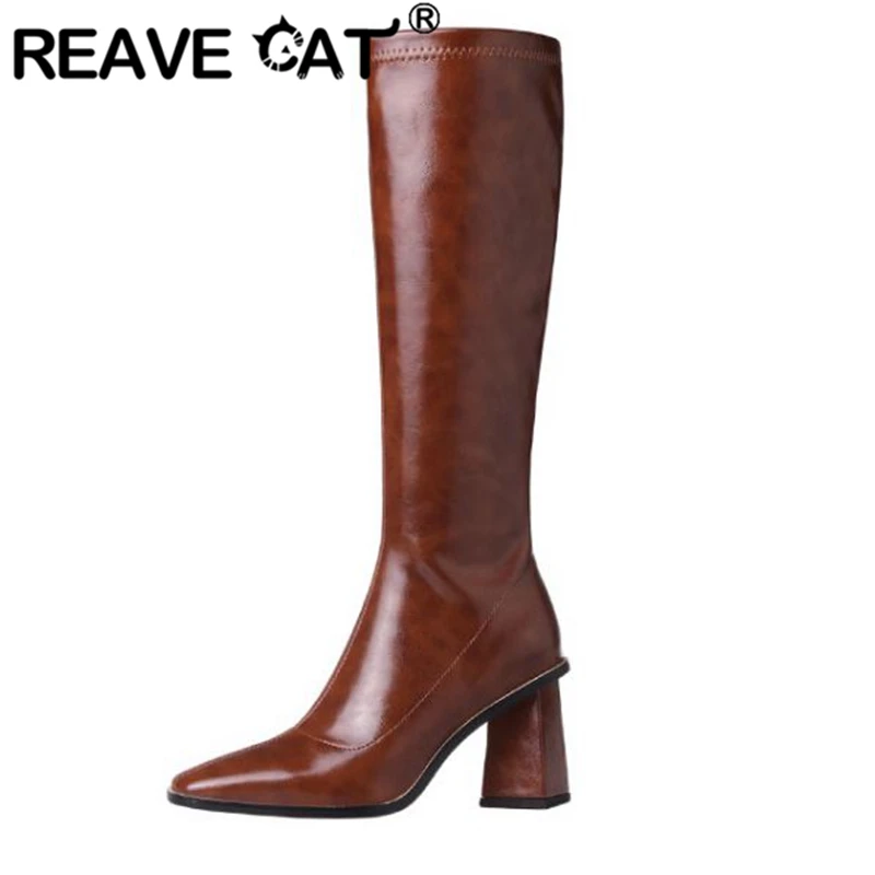 

Женские высокие сапоги на квадратном каблуке REAVE CAT, весенние однотонные элегантные сапоги черного, коричневого цвета на молнии, Размеры 33-40,...