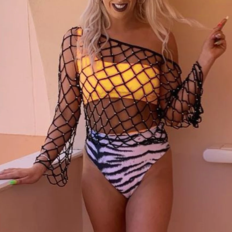Mesh long sleeve swimsuit female One shoulder swimwear women High waist bikini set Zebra print bathing suit Sexy biquini