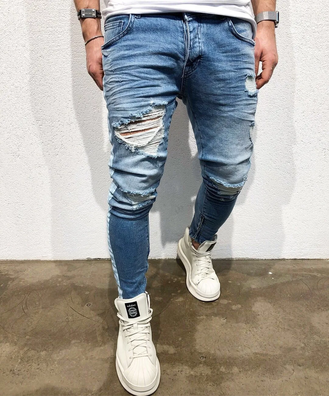 

2021 Men's Thigh Hole Stretch Slim Feet Denim Trousers Teen White Hemming Stitching Personality Design Jeans