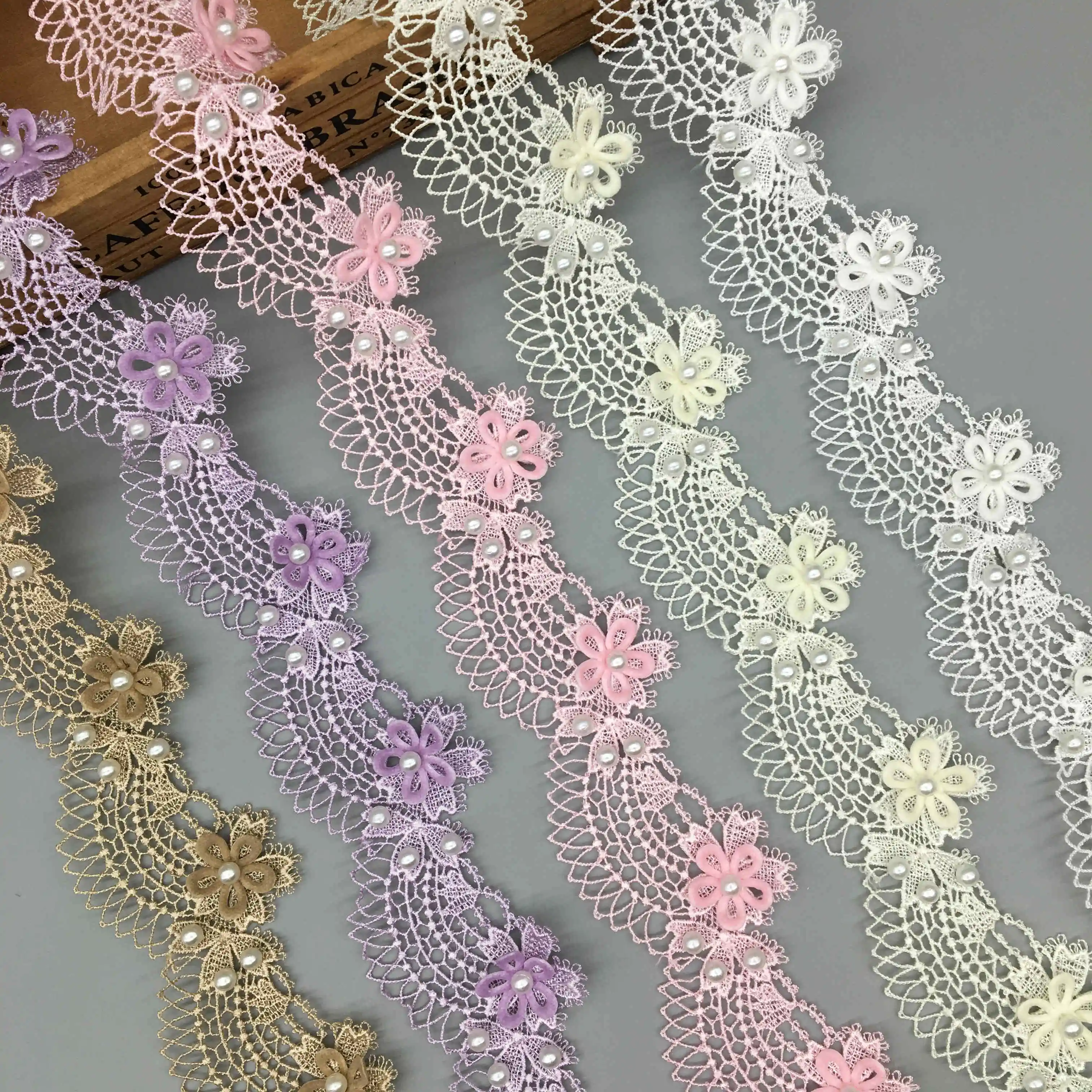 1 ярд растворимых с цветами роз и жемчугом океанских волн вышитая кружевная