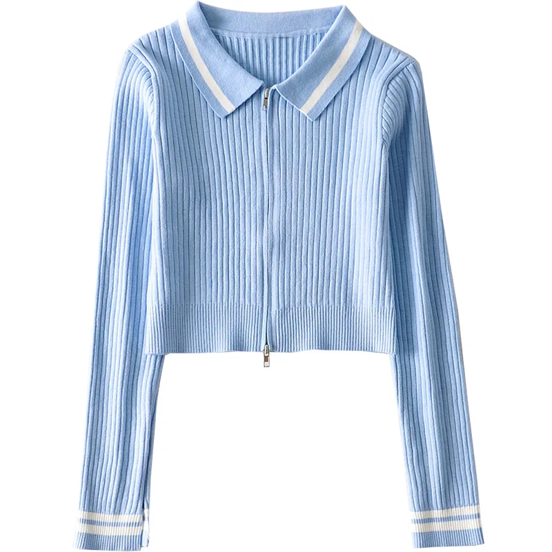 

Early Autumn New Women's Design Scheming Split Cuff Polo Collar Long-Sleeved Sweater Double Zipper Slim Short Cardigan