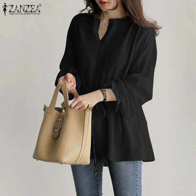 

Элегантная женская однотонная блузка ZANZEA с V-образным вырезом и длинным рукавом, модная Осенняя Повседневная Туника, топы с оборками, блузы ...