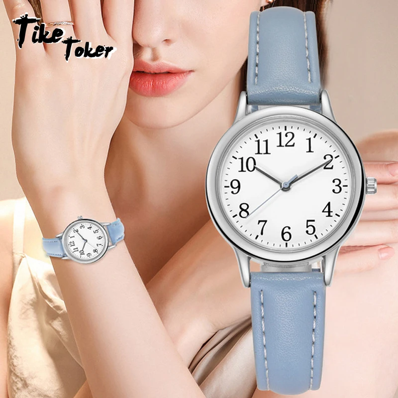 

Tike Toker Movement Women Quartz Watch Easy to Read Arabic Numerals Simple Dial PU Leather Strap Lady Candy Color