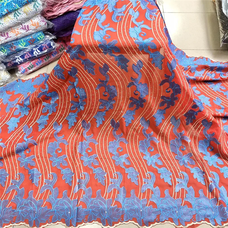

5Yards/Lot Wonderful Red African Cotton Fabric Blue Embroidery Swiss Voile Dry Lace For Dressing PL11578