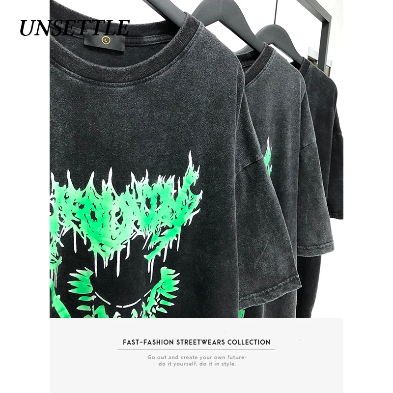 UNSETTLE Мужская футболка с коротким рукавом тяжелая ткань уличная мода панк-рок