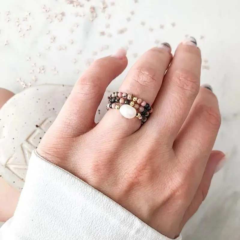 

Handmade Natural Stone Freshwater Pearl Ring for Women Love Heart Star Shape Ring Elastic Adjustable Engagement Rings Jewelry