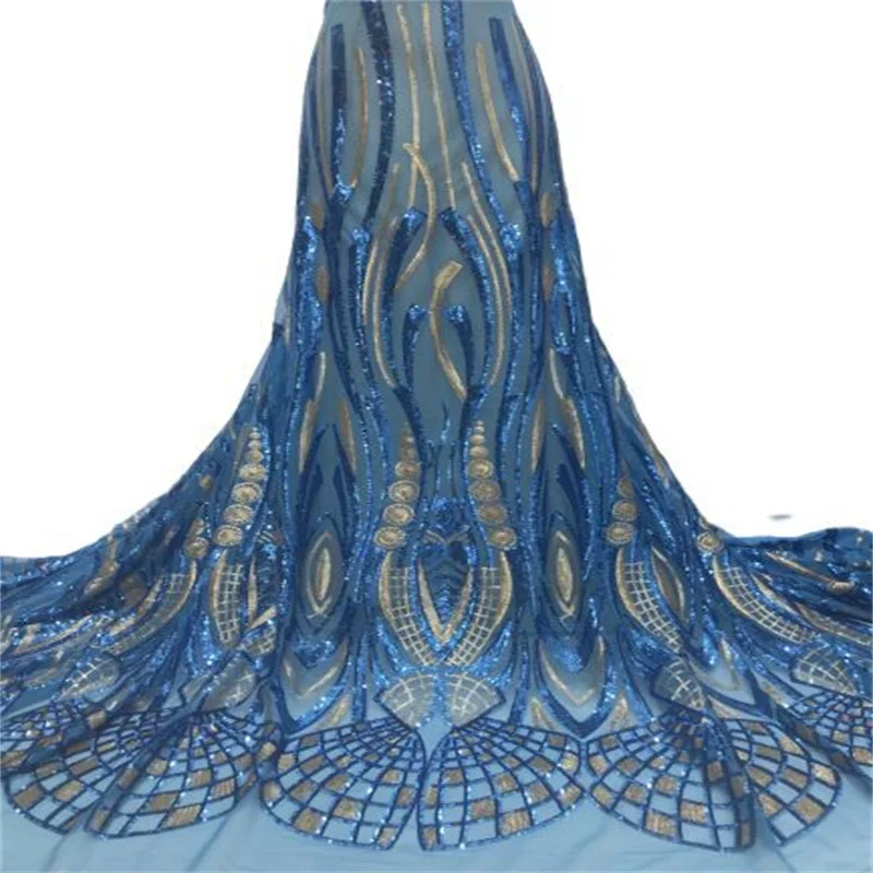 

Sky Blue/Gold Sequins Lace Fabric 5 Yards African Nigerian Tulle Lace Fabric High Quality 2021 For Sew Diy Dress Wedding