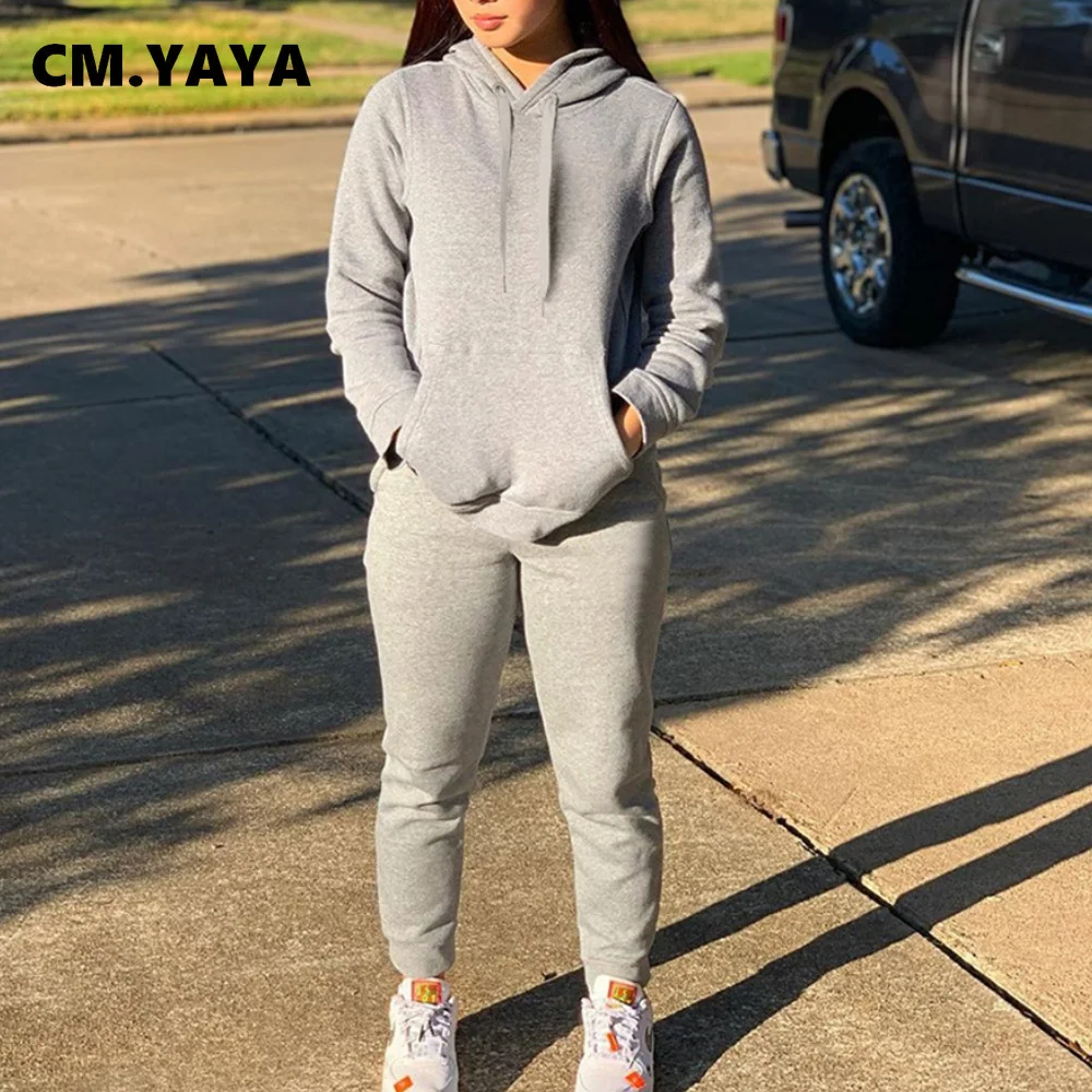 

Женский комплект из двух предметов CM.YAYA, однотонный топ с капюшоном и карманами + брюки-карандаш, повседневный спортивный костюм, осень 2021