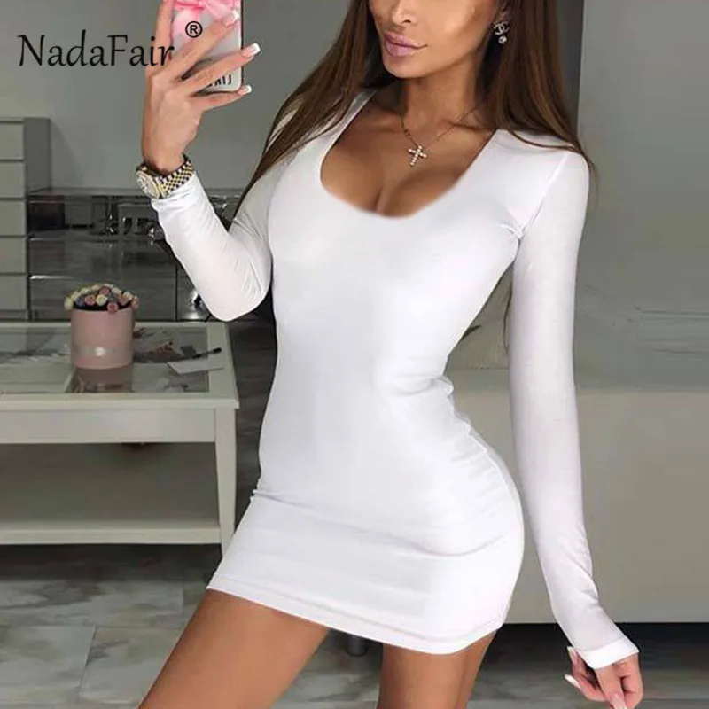 Nadafair красное базовое облегающее мини платье с длинным рукавом 2019 квадратным